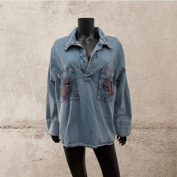 Boho Embroidered Denim Pullover Oversized Floral Boutique Art Top M L - Picture 2 of 8